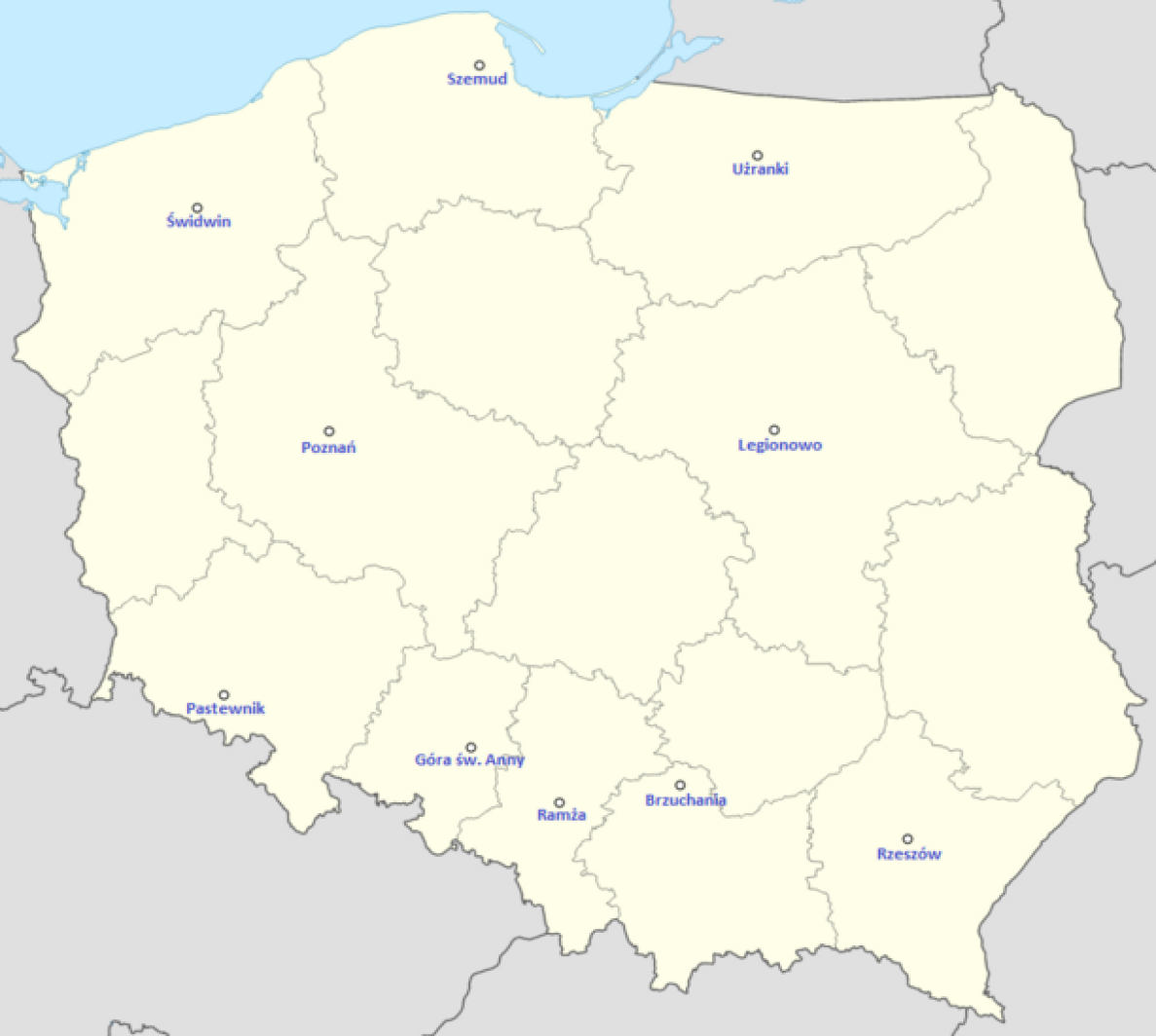Rozmieszczenie radarów sieci Polrad w Polsce